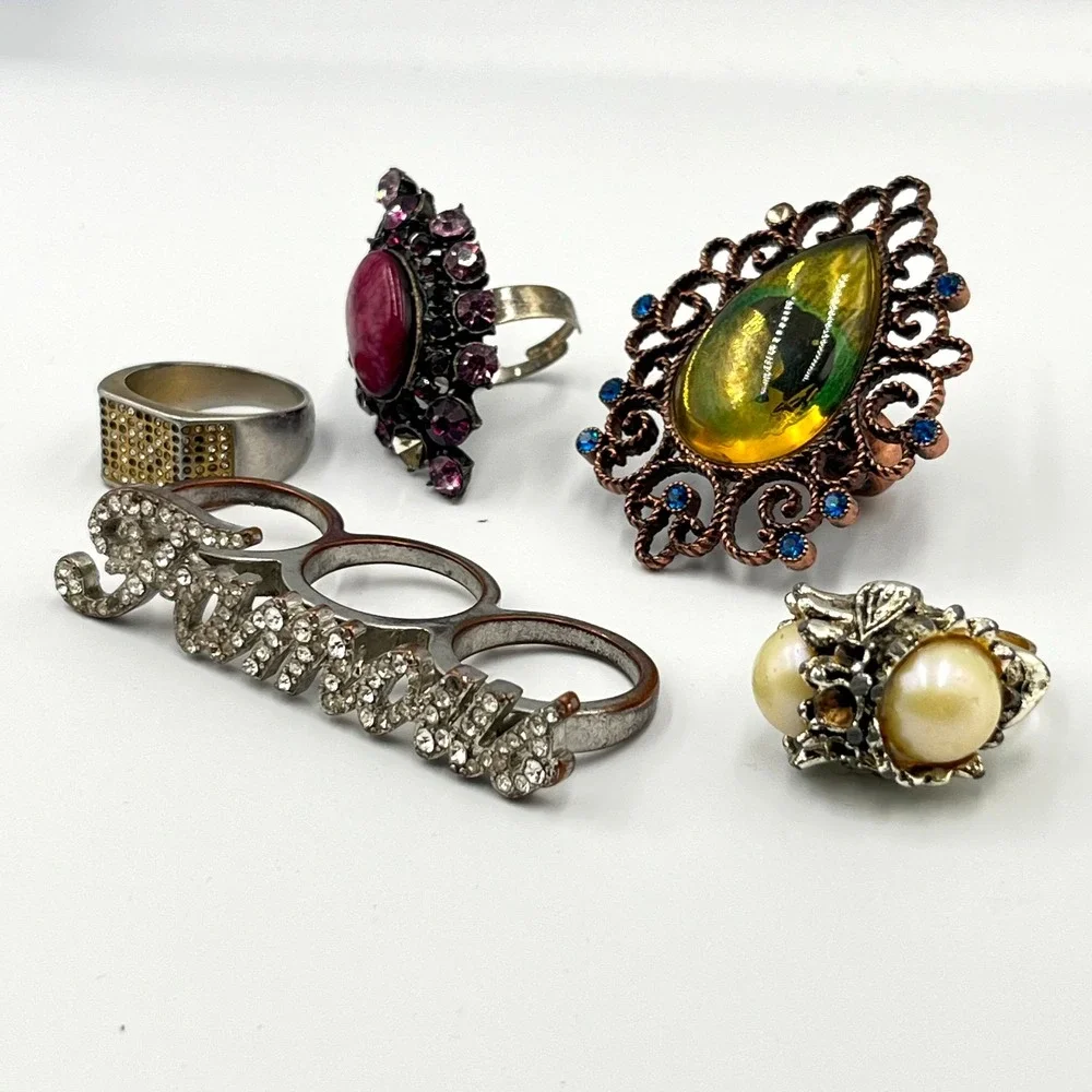 Vintage‎ Statement Ring Goth Boho Dragon Eye Faux Pearl Rhinestone Set Y2K 5pc